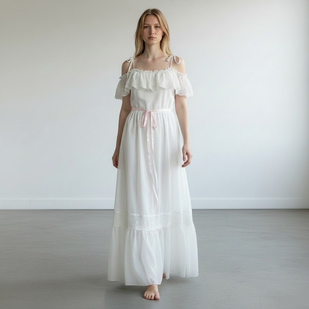 70s Helen Joy Ivory Lace Maxi Dress Romantic Edwardian Revival Boho Prairie Gown